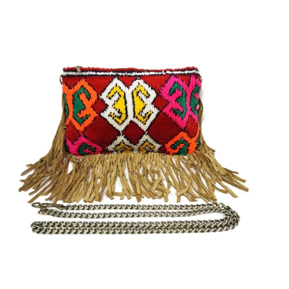 Moroccan Vintage Bag Suede Leather Fringe Clutch Kilim Rug - Picture 8 of 9